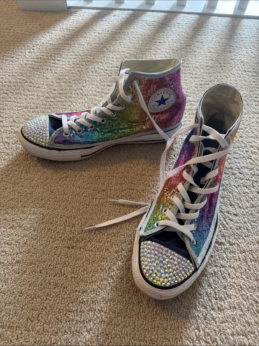 Converse Rainbow Sequin High Top Sneakers with Rhinestone Toes